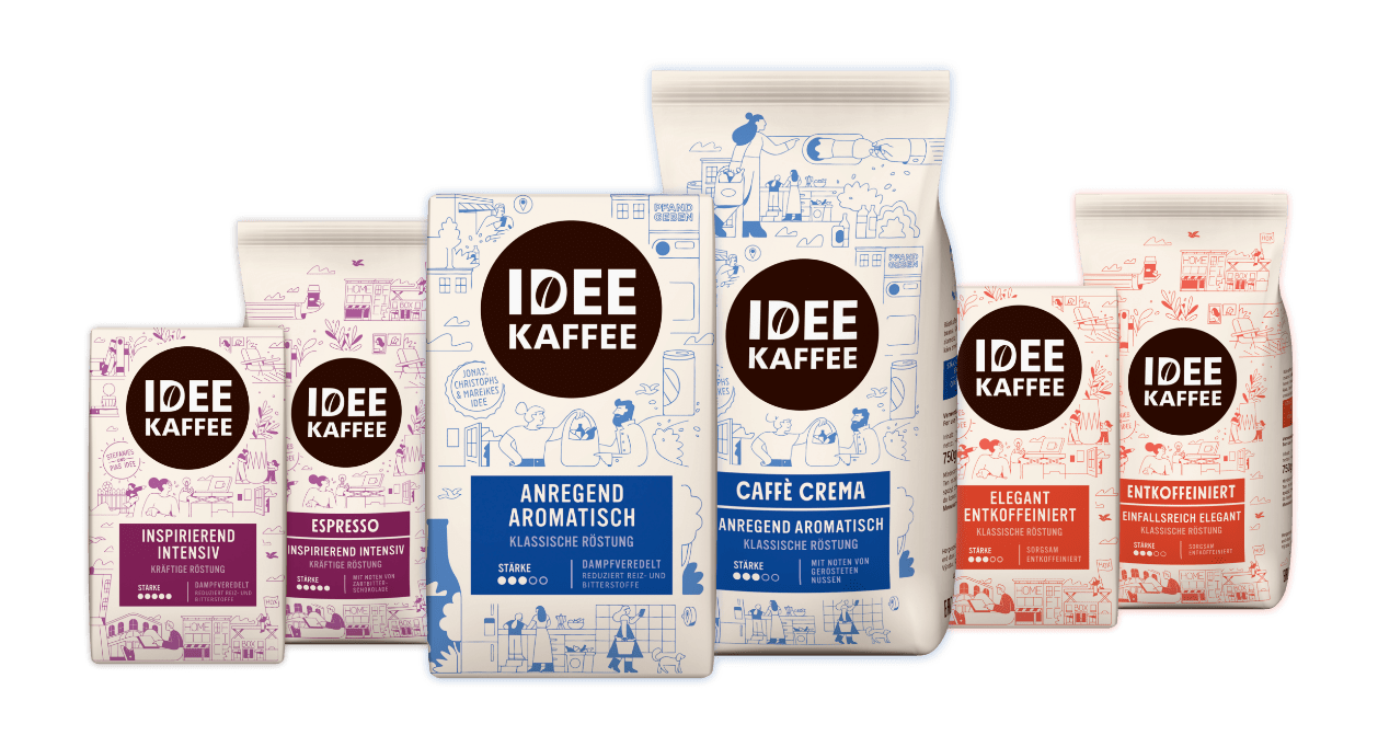 Packshots Produktsortiment IDEE KAFFEE - Pfandgeben Design
