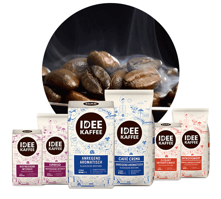Idee Kaffee Produkte und dampfender Kaffee